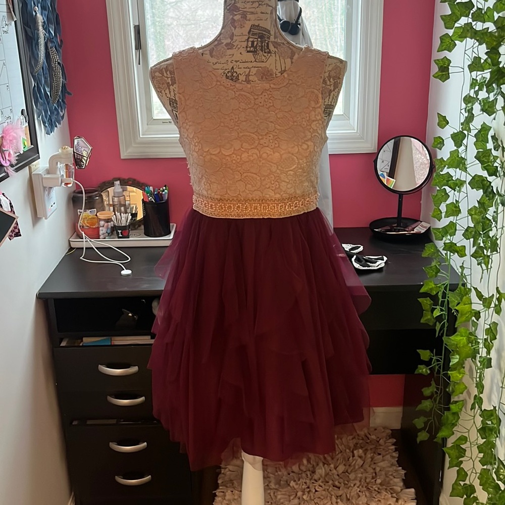 marroon and light pink girls formal dress